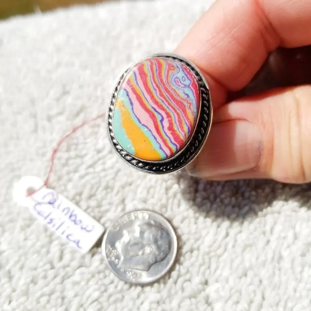 New Rainbow Calsilica Sterling Silver Ring Sz 9